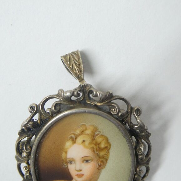 Antique Miniature Portrait Pendant 800 Silver Frame 1.5" - Picture 3 of 13